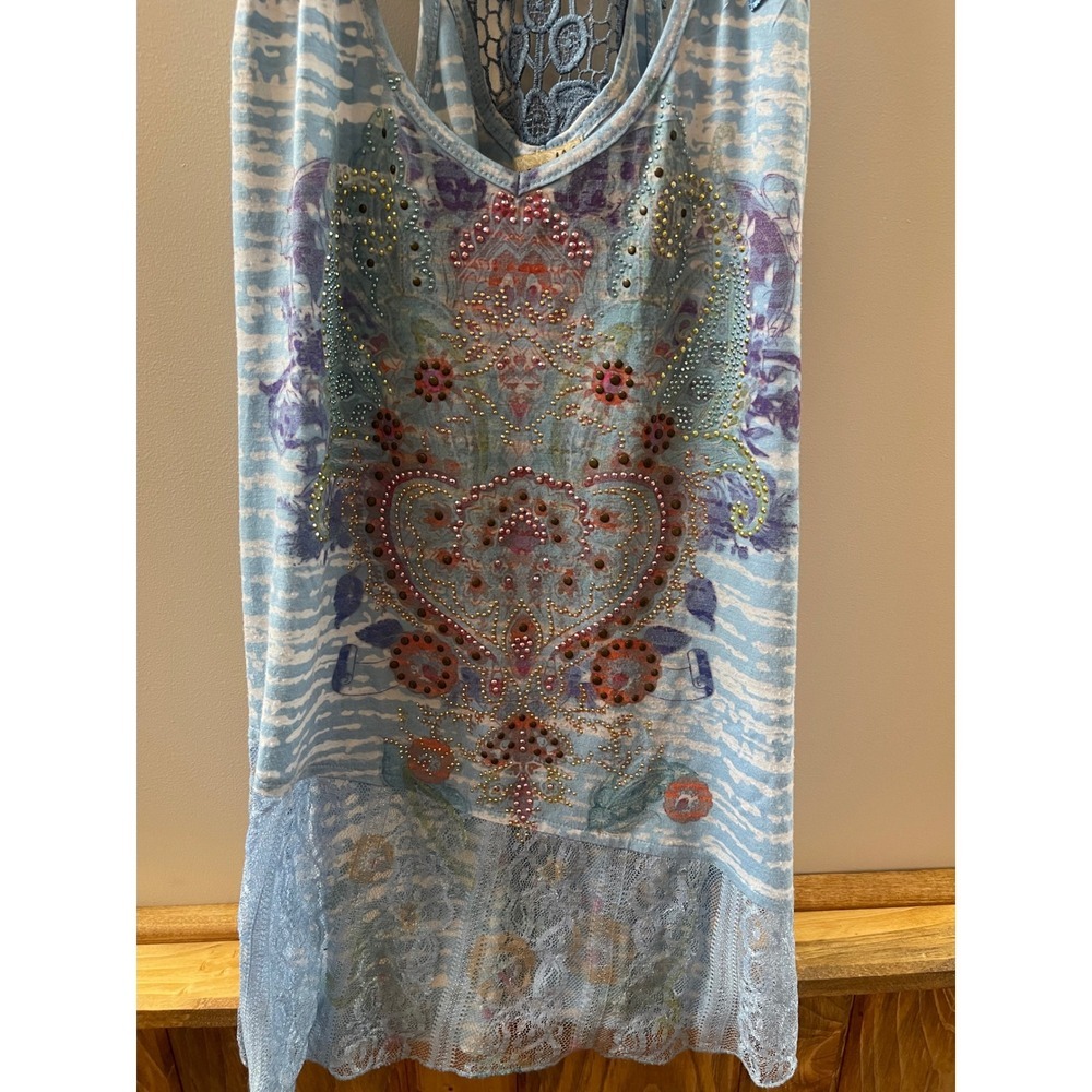 One World Tank Top Womens Small Blue  Lace Racerback Embellished Boho - Picture 5 of 6